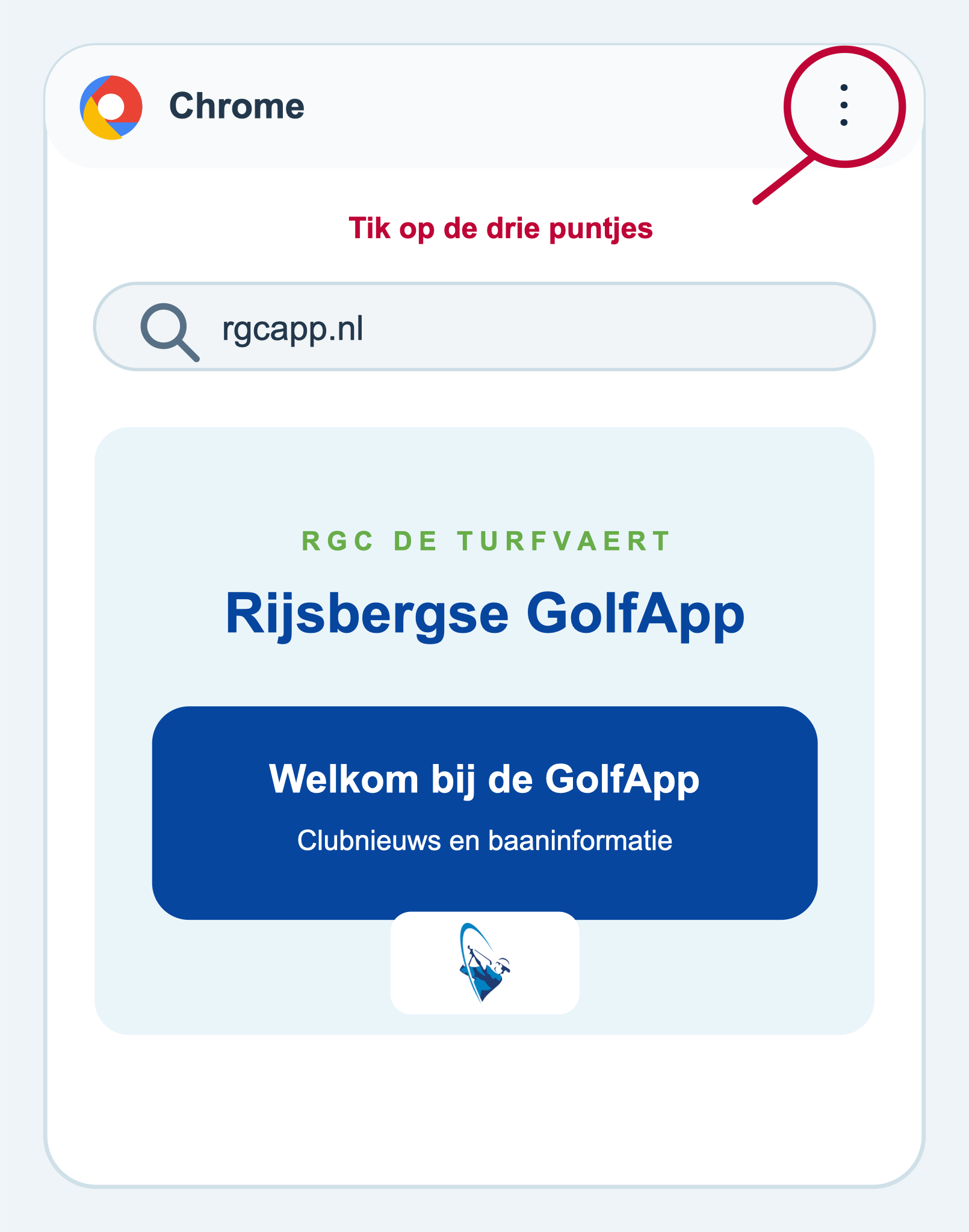Rgcapp.nl in Chrome met het menu met drie puntjes gemarkeerd