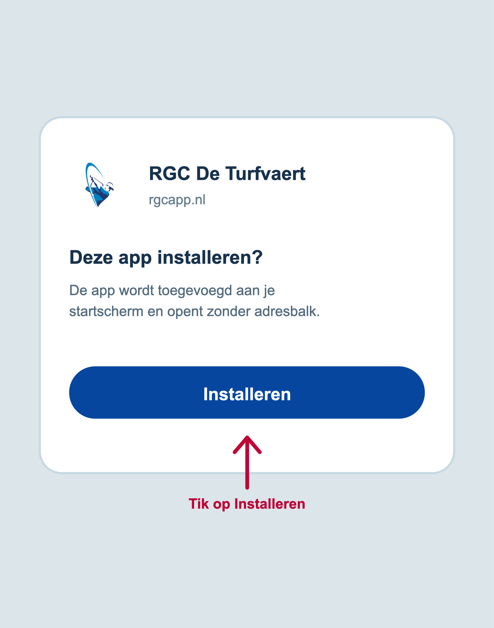 Het installatievenster voor RGC De Turfvaert met de knop Installeren