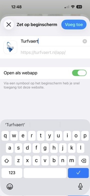 Het scherm Zet op beginscherm met Open als webapp ingeschakeld